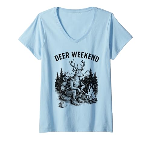 Damen Hirsch Wochenende Wandern Camping Outdoor Natur T-Shirt mit V-Ausschnitt von Hiker Weekend Lover Tees
