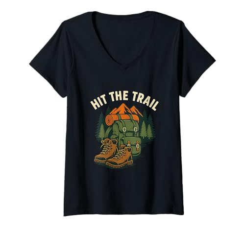 Damen Hit The Trail Wanderrucksack Stiefel Grafikdesign T-Shirt mit V-Ausschnitt von Hiking Adventure Nature Trekking Trail Apparel