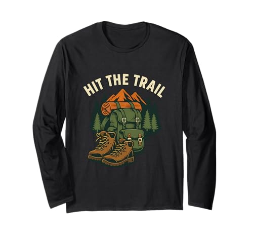 Hit The Trail Wanderrucksack Stiefel Grafikdesign Langarmshirt von Hiking Adventure Nature Trekking Trail Apparel