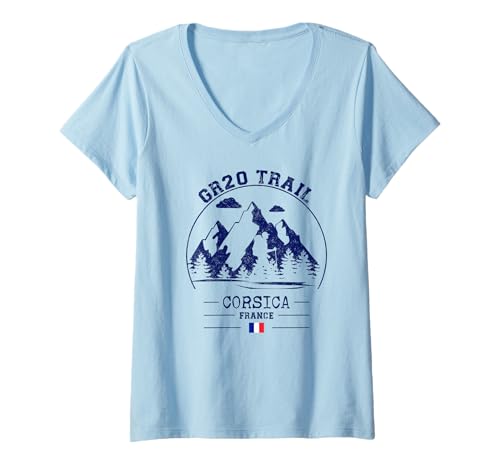 Damen GR20 Trail Korsika Frankreich Wandern Französische Flagge Trekking T-Shirt mit V-Ausschnitt Damen GR20 Trail Korsika Frankreich Wandern Französische Flagge Trekking T-Shirt mit V-Ausschnitt von Hiking Backpacking Enthusiast GR20 Trail Corsica