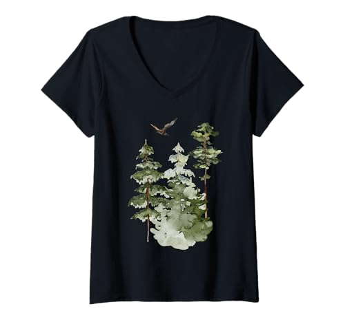 Damen Bäume im Wald mit Vogel T-Shirt mit V-Ausschnitt Damen Bäume im Wald mit Vogel T-Shirt mit V-Ausschnitt von Hiking Backpacking Nature Tees