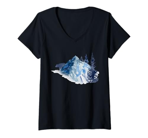 Damen Schneebedeckte Bäume und Berge und Bär T-Shirt mit V-Ausschnitt Damen Schneebedeckte Bäume und Berge und Bär T-Shirt mit V-Ausschnitt von Hiking Backpacking Nature Tees