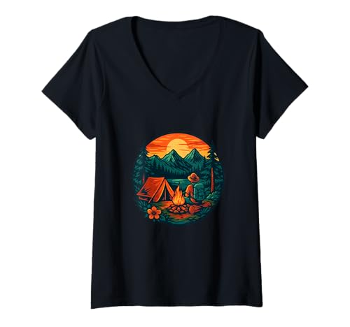 Damen Camping Sunset Adventure Mountain Explorer T-Shirt mit V-Ausschnitt Damen Camping Sunset Adventure Mountain Explorer T-Shirt mit V-Ausschnitt von Hiking Camping Nature Sunset Outdoor Apparel
