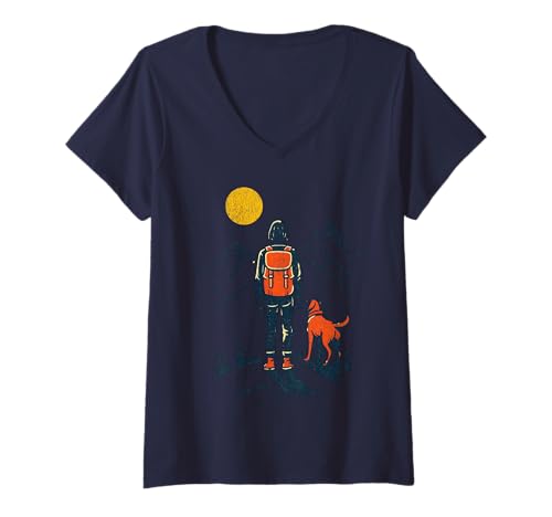 Damen Wandern Hund Abenteuer Natur Erkundung mit Begleiter T-Shirt mit V-Ausschnitt von Hiking Dog Adventure Nature Lovers Exploration