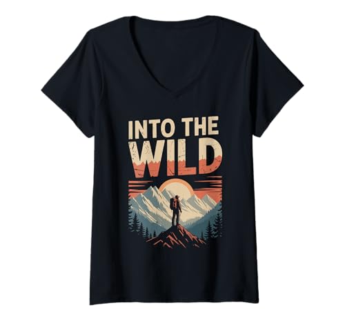 Damen Ab in die Wildnis: Wandern, Bergentdecker-Abenteuer, Retro-Wanderer T-Shirt mit V-Ausschnitt Damen Ab in die Wildnis: Wandern, Bergentdecker-Abenteuer, Retro-Wanderer T-Shirt mit V-Ausschnitt von Hiking Trekking Camping Backpacking Mountain Shirt
