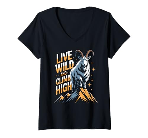 Damen Klettern Hochgebirge Ziege Wandern Abenteuer Motivierend T-Shirt mit V-Ausschnitt Damen Klettern Hochgebirge Ziege Wandern Abenteuer Motivierend T-Shirt mit V-Ausschnitt von Hiking Trekking Camping Backpacking Mountain Shirt