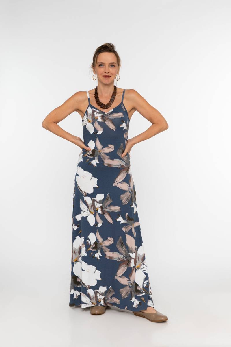 Bedruckt Denim Blau V-Ausschnitt Spaghetti Träger Maxi Tank Kleid von HilaSolomon