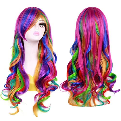 Halloween Perücken Haarstücke für Erwachsene, stilvolle lange wellige Regenbogen Perücke lockiges Kostüm bunte Perücke für Frauen und Mädchen Anime Kostüm Halloween Cosplay von Hilai