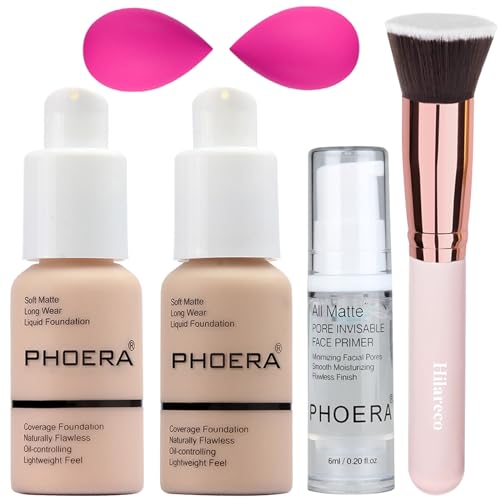 PHOERA Foundation, PHOERA Make-up für Frauen, PHOERA Matte Liquid Foundation mit voller Deckkraft, PHOERA Primer, PHOERA Concealer(101 Porcelain + 102 Nude) von Hilareco