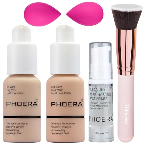 PHOERA Foundation, PHOERA Make-up für Frauen, PHOERA Matte Liquid Foundation mit voller Deckkraft, PHOERA Primer, PHOERA Concealer(102 Nude + 103 Warm peach) von Hilareco