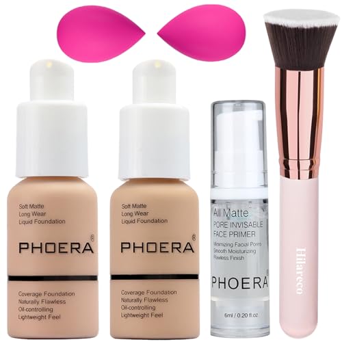 PHOERA Foundation, PHOERA Make-up für Frauen, PHOERA Matte Liquid Foundation mit voller Deckkraft, PHOERA Primer, PHOERA Concealer(103 Warm peach+104 Buff Beige) von Hilareco