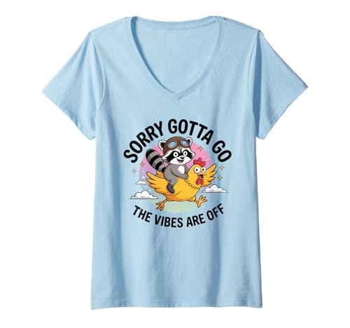 Damen Lustiger Waschbär Reiten Huhn Sorry Gotta Go Tier Humor T-Shirt mit V-Ausschnitt Damen Lustiger Waschbär Reiten Huhn Sorry Gotta Go Tier Humor T-Shirt mit V-Ausschnitt von Hilarious Animal Cartoon Raccoon Chicken Shirt Co.