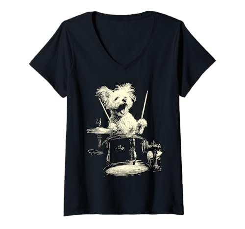 Damen Cute Malteser Playing Drums Funny Music Dog Drummer Graphic T-Shirt mit V-Ausschnitt von Hilarious Animals Drummers Gifts
