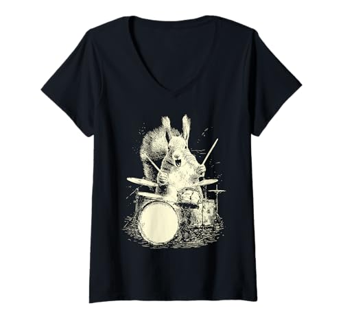 Damen Eichhörnchen spielt Schlagzeug, lustige Musik, Tier-Grafik für Schlagzeuger T-Shirt mit V-Ausschnitt von Hilarious Animals Drummers Gifts