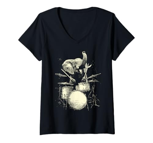 Damen Elefant spielt Trommeln lustige Musik Tier Drummer Grafik T-Shirt mit V-Ausschnitt von Hilarious Animals Drummers Gifts