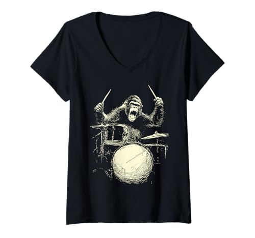 Damen Gorilla spielt Schlagzeug, lustige Musik, Tier-Trummer, Grafik T-Shirt mit V-Ausschnitt von Hilarious Animals Drummers Gifts
