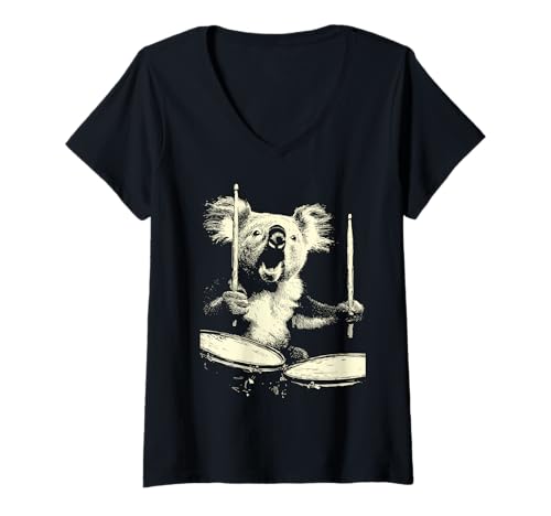 Damen Koala spielt Trommeln Lustige Musik Tier Drummer Grafik T-Shirt mit V-Ausschnitt von Hilarious Animals Drummers Gifts
