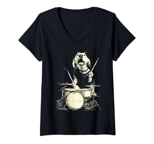 Damen Labrador Retriever spielt Schlagzeug lustige Musik Hund Schlagzeuger T-Shirt mit V-Ausschnitt von Hilarious Animals Drummers Gifts