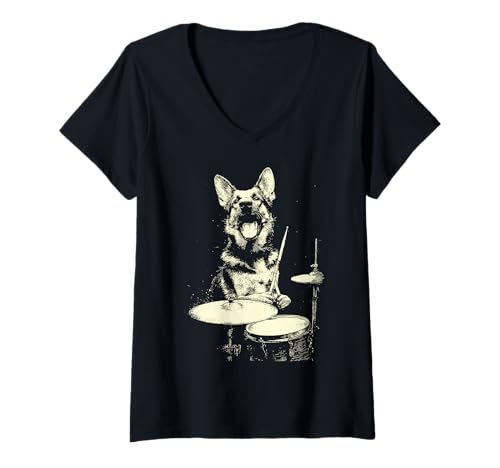 Damen Lustiger Schäferhund spielt Schlagzeug Musiker Hund Schlagzeuger T-Shirt mit V-Ausschnitt von Hilarious Animals Drummers Gifts