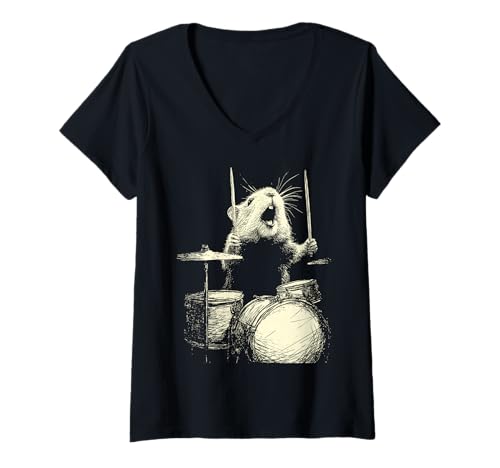 Damen Musiker Biber spielt Schlagzeug lustige Musik Tier Schlagzeuger T-Shirt mit V-Ausschnitt von Hilarious Animals Drummers Gifts