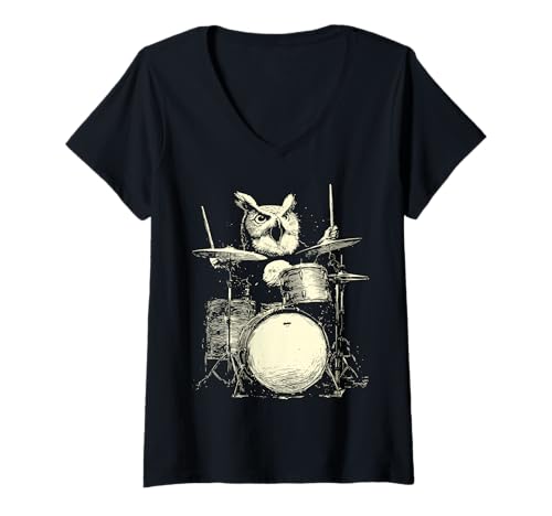 Damen Niedliche Eule spielt Trommeln lustige Musik Tier Drummer Grafik T-Shirt mit V-Ausschnitt von Hilarious Animals Drummers Gifts