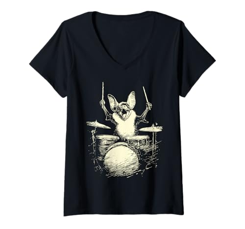 Damen Niedliche Fledermaus spielt Trommeln lustige Musik Tier Schlagzeuger Grafik T-Shirt mit V-Ausschnitt von Hilarious Animals Drummers Gifts
