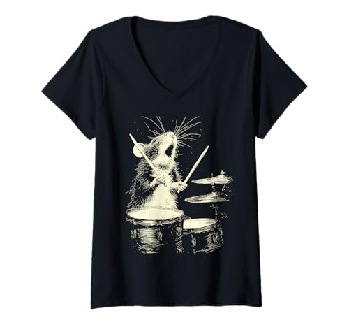 Damen Niedliche Ratte spielt Trommeln lustige Musik Tier Drummer Grafik T-Shirt mit V-Ausschnitt von Hilarious Animals Drummers Gifts