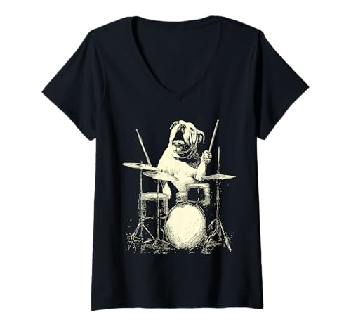 Damen Niedliche britische Bulldogge spielt Schlagzeug lustige Musik Hund Schlagzeuger T-Shirt mit V-Ausschnitt von Hilarious Animals Drummers Gifts