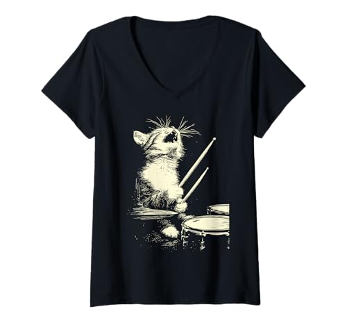 Damen Niedliche getigerte Katze, die Schlagzeug spielt, lustige Musik, Katzen-Schlagzeuger T-Shirt mit V-Ausschnitt von Hilarious Animals Drummers Gifts
