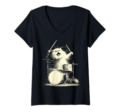 Damen Niedliche persische Katze, die Schlagzeug spielt, lustige Musik, Tier-Schlagzeuger T-Shirt mit V-Ausschnitt von Hilarious Animals Drummers Gifts