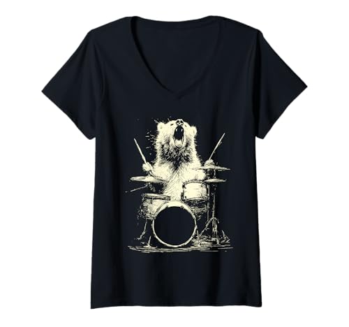 Damen Niedlicher Bär, der Schlagzeug spielt, lustige Musik, Tier-Schlagzeuger-Grafik T-Shirt mit V-Ausschnitt von Hilarious Animals Drummers Gifts