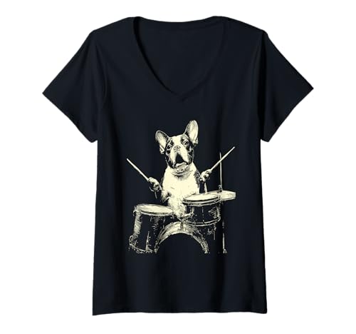 Damen Niedlicher Boston Terrier spielt Schlagzeug lustige Musik Hund Schlagzeuger T-Shirt mit V-Ausschnitt Damen Niedlicher Boston Terrier spielt Schlagzeug lustige Musik Hund Schlagzeuger T-Shirt mit V-Ausschnitt von Hilarious Animals Drummers Gifts