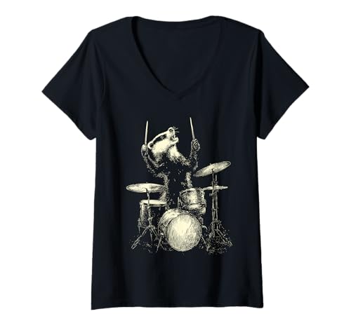 Damen Niedlicher Dachs spielt Trommeln lustige Musik Tier Drummer Grafik T-Shirt mit V-Ausschnitt von Hilarious Animals Drummers Gifts