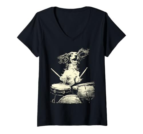 Damen Niedlicher Dackel, der Schlagzeug spielt, lustige Musik Hund Schlagzeuger Grafik T-Shirt mit V-Ausschnitt von Hilarious Animals Drummers Gifts