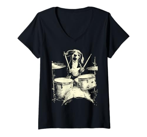 Damen Niedlicher Dackel spielt Trommeln Lustige Musik Wurst Hund Schlagzeuger T-Shirt mit V-Ausschnitt Damen Niedlicher Dackel spielt Trommeln Lustige Musik Wurst Hund Schlagzeuger T-Shirt mit V-Ausschnitt von Hilarious Animals Drummers Gifts