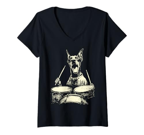 Damen Niedlicher Dobermann spielt Trommeln Musik Hund Schlagzeuger T-Shirt mit V-Ausschnitt von Hilarious Animals Drummers Gifts
