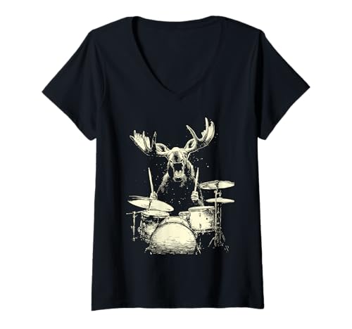 Damen Niedlicher Elch spielt Trommeln lustige Musik Tier Drummer Grafik T-Shirt mit V-Ausschnitt von Hilarious Animals Drummers Gifts