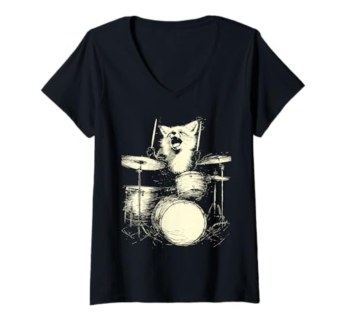Damen Niedlicher Fuchs spielt Trommeln lustige Musik Tier Drummer Grafik T-Shirt mit V-Ausschnitt von Hilarious Animals Drummers Gifts