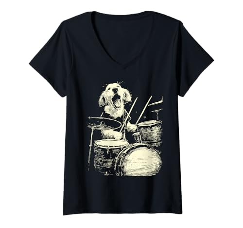 Damen Niedlicher Golden Retriever spielt Schlagzeug lustige Musik Hund Schlagzeuger T-Shirt mit V-Ausschnitt Damen Niedlicher Golden Retriever spielt Schlagzeug lustige Musik Hund Schlagzeuger T-Shirt mit V-Ausschnitt von Hilarious Animals Drummers Gifts