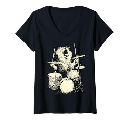 Damen Niedlicher Löwe spielt Schlagzeug lustige Musik Tier Drummer Grafik T-Shirt mit V-Ausschnitt von Hilarious Animals Drummers Gifts