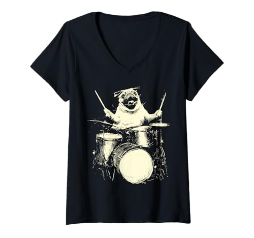 Damen Niedlicher Mops spielt Schlagzeug lustige Musik Hund Schlagzeuger Grafik T-Shirt mit V-Ausschnitt von Hilarious Animals Drummers Gifts