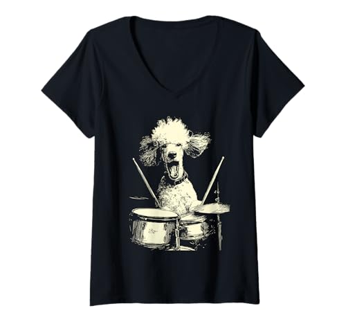 Damen Niedlicher Pudel spielt Trommeln lustige Musik Hund Schlagzeuger Grafik T-Shirt mit V-Ausschnitt von Hilarious Animals Drummers Gifts