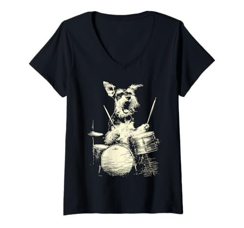 Damen Niedlicher Schnauzer spielt Trommeln lustige Musik Hund Schlagzeuger Grafik T-Shirt mit V-Ausschnitt Damen Niedlicher Schnauzer spielt Trommeln lustige Musik Hund Schlagzeuger Grafik T-Shirt mit V-Ausschnitt von Hilarious Animals Drummers Gifts