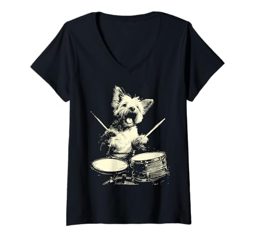 Damen Niedlicher Yorkshire Terrier spielt Schlagzeug lustige Musik Hund Schlagzeuger T-Shirt mit V-Ausschnitt von Hilarious Animals Drummers Gifts