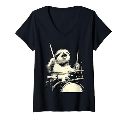 Damen Niedliches Faultier spielt Trommeln lustige Musik Drummer T-Shirt mit V-Ausschnitt von Hilarious Animals Drummers Gifts