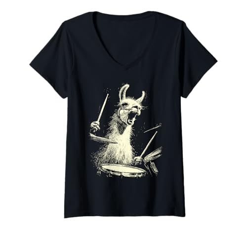 Damen Niedliches Lama, das Schlagzeug spielt, lustige Musik, Tier-Schlagzeuger-Grafik T-Shirt mit V-Ausschnitt von Hilarious Animals Drummers Gifts