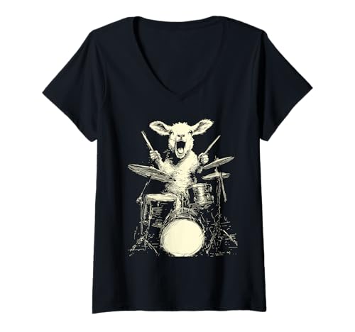 Damen Niedliches Lamm spielt Trommeln lustige Musik Tier Drummer Grafik T-Shirt mit V-Ausschnitt von Hilarious Animals Drummers Gifts