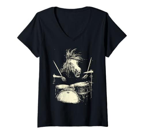 Damen Niedliches Pferd spielt Trommeln lustige Musik Tier Drummer Grafik T-Shirt mit V-Ausschnitt von Hilarious Animals Drummers Gifts