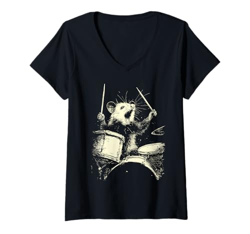 Damen Opossum spielt Schlagzeug, lustige Musik, Tier-Schlagzeuger-Grafik T-Shirt mit V-Ausschnitt von Hilarious Animals Drummers Gifts