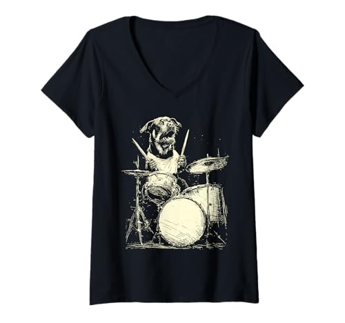 Damen Rottweiler spielt Schlagzeug, lustige Musik, Hunde-Schlagzeuger-Grafik T-Shirt mit V-Ausschnitt von Hilarious Animals Drummers Gifts